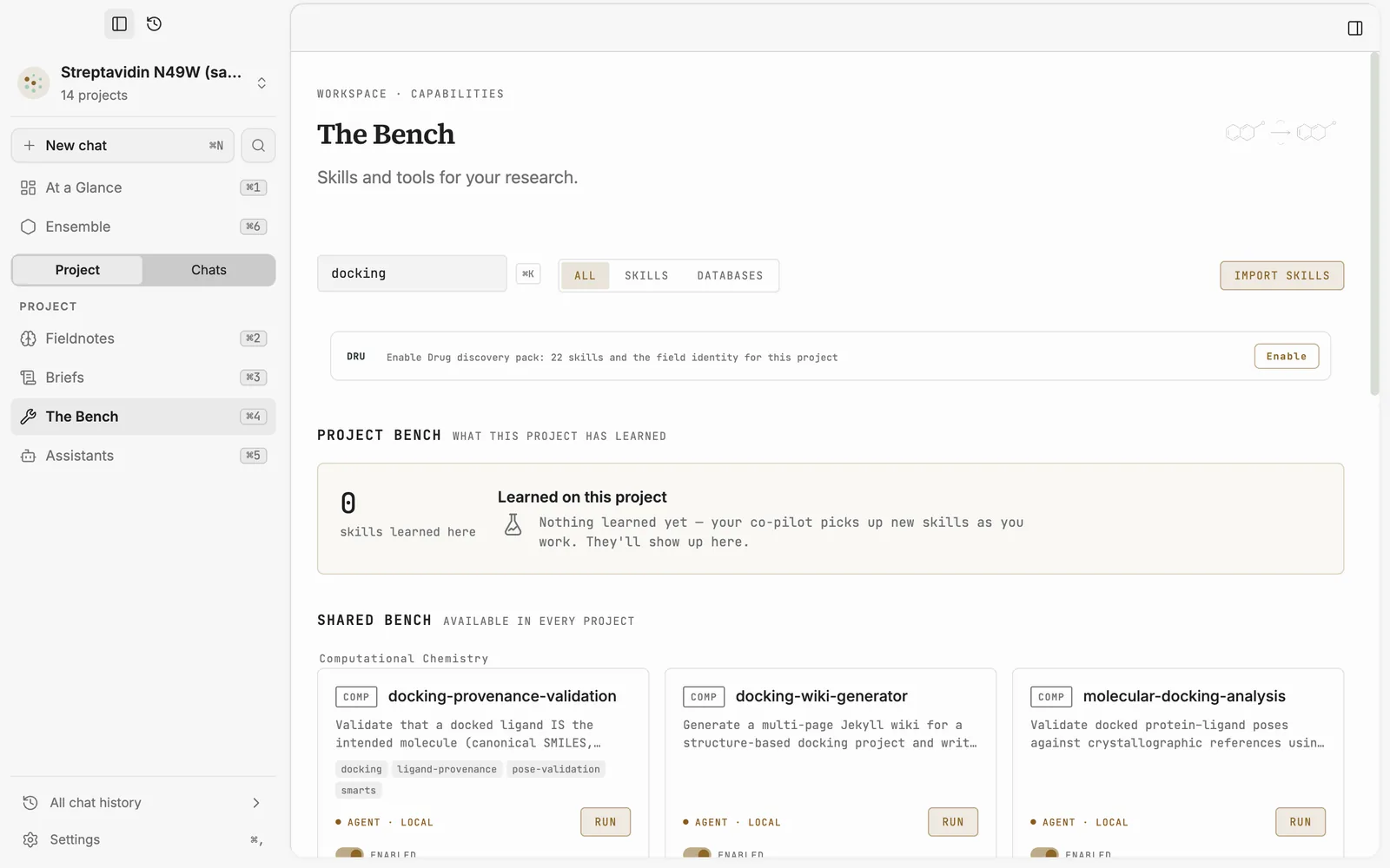 The Bench, searched for docking: the project bench and shared skills for computational chemistry.