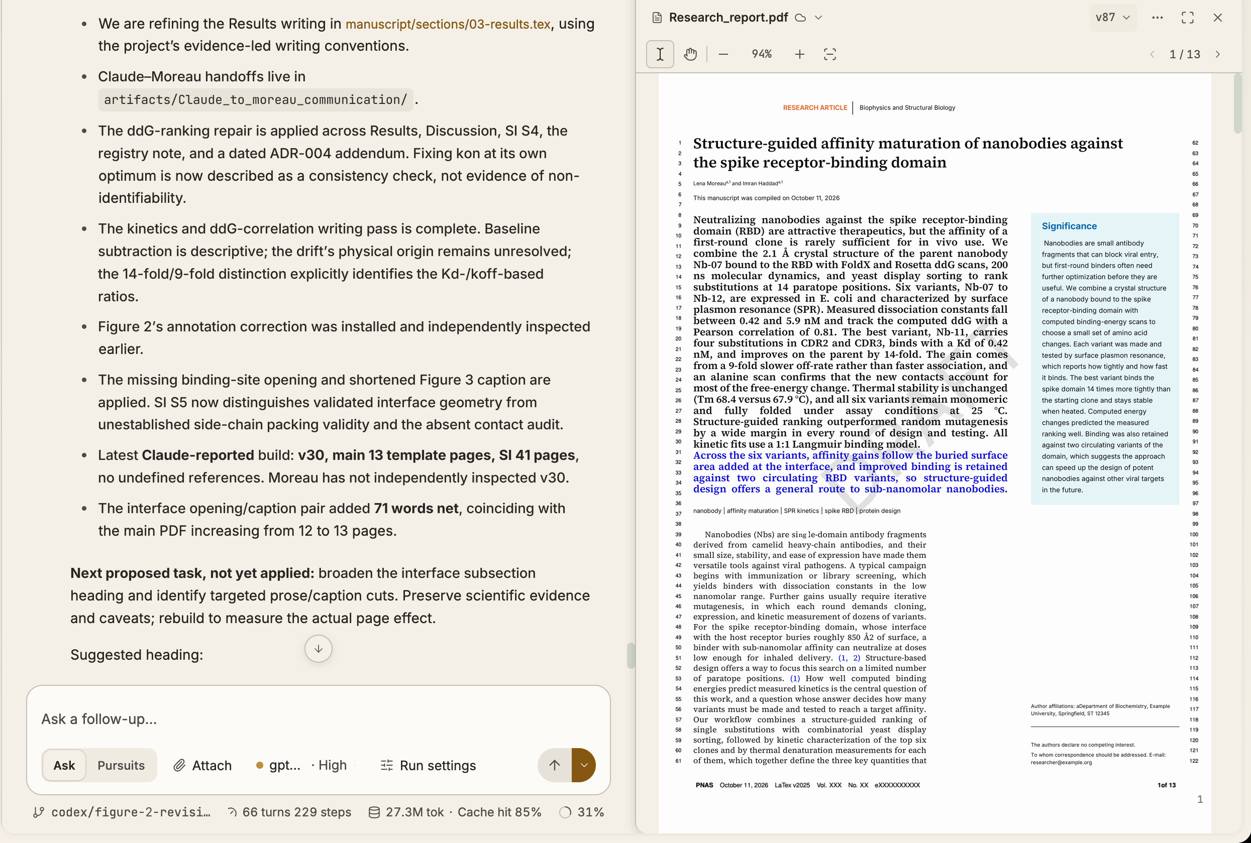 Athar with a synthetic nanobody project: the agent reports the state of a manuscript revision in the chat, with the run status below, while the manuscript PDF is open beside it.